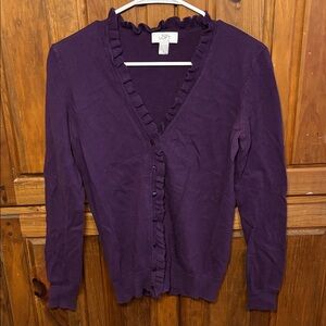 Anne Taylor LOFT Women's Plum Purple Ruffle Cardigan Sweater Size Small